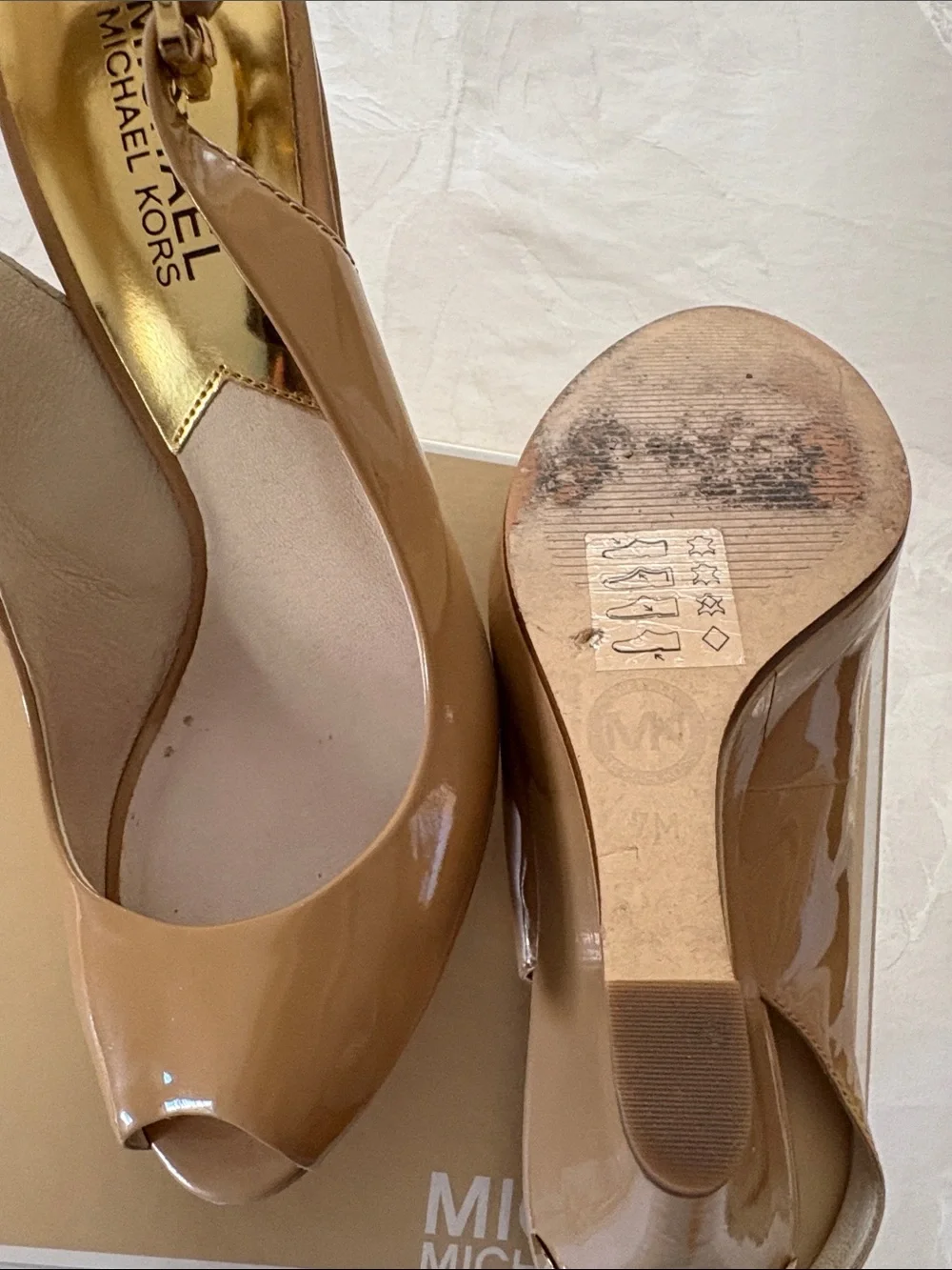 Michael Kors Beige Patent Peep-Toe Wedge Slingback Heels
